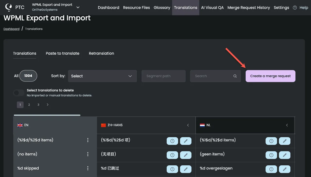 Creating a merge request in PTC