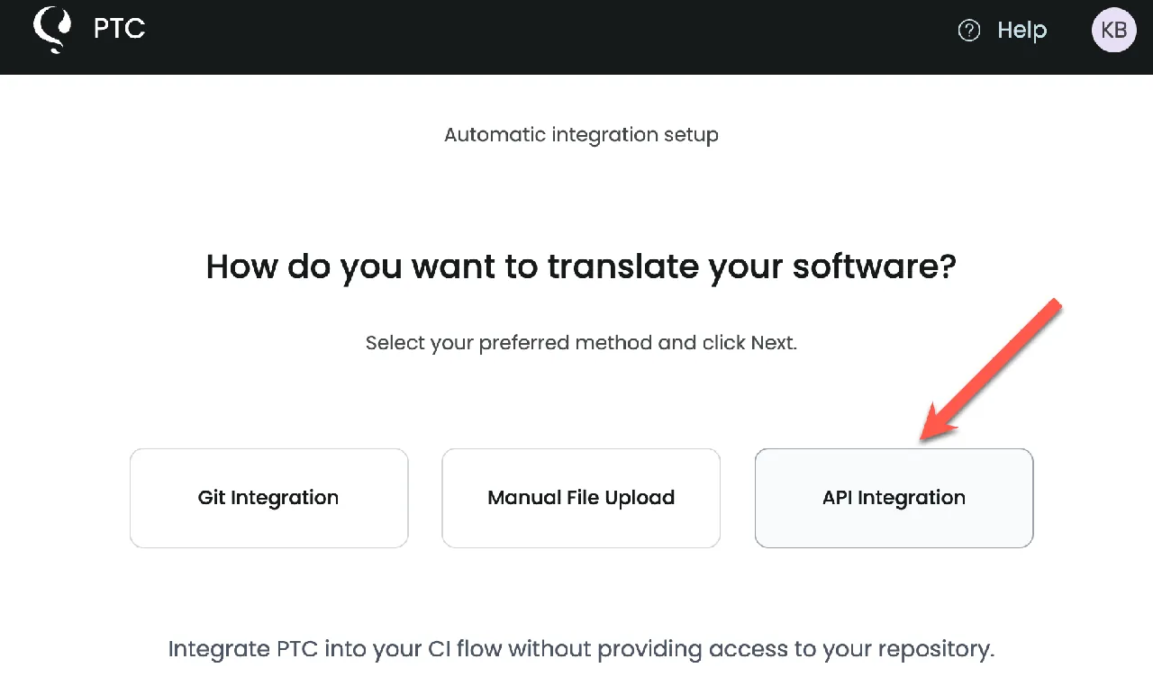 בחירה ב־API integration בהגדרות PTC