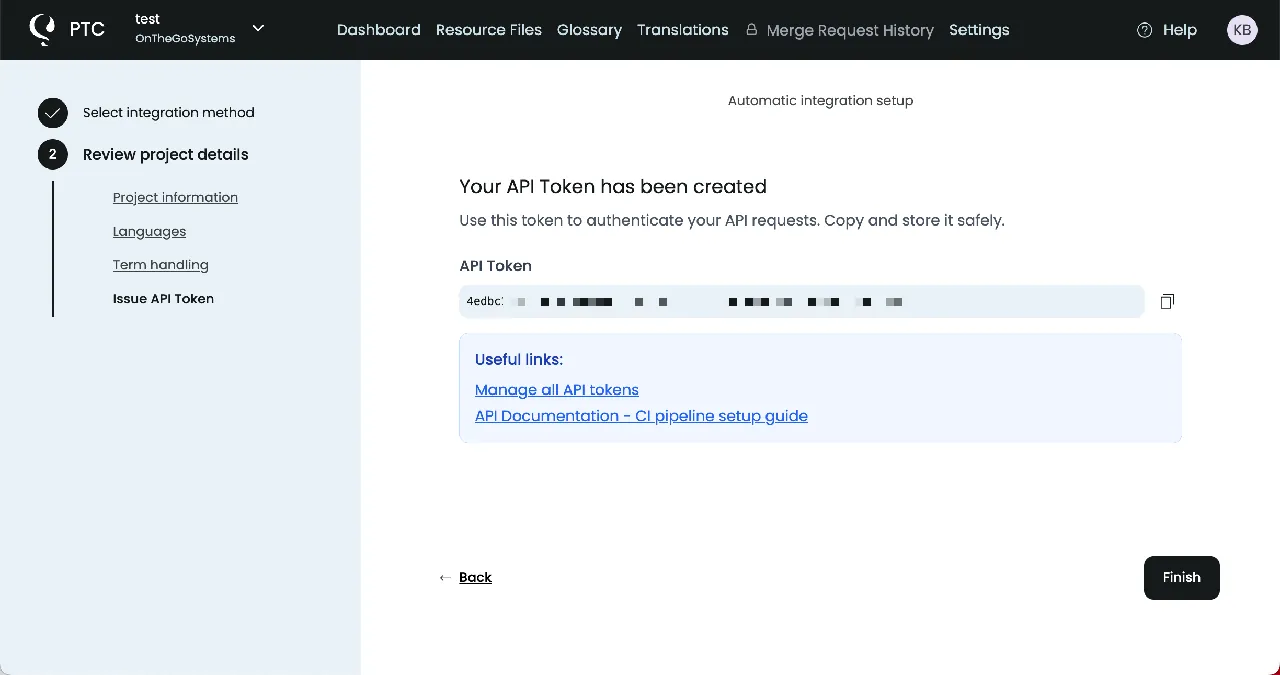 Getting the PTC API token from project setup