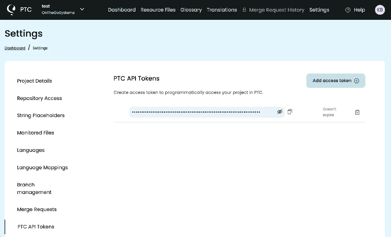 Obtention du jeton d'API PTC depuis le tableau de bord