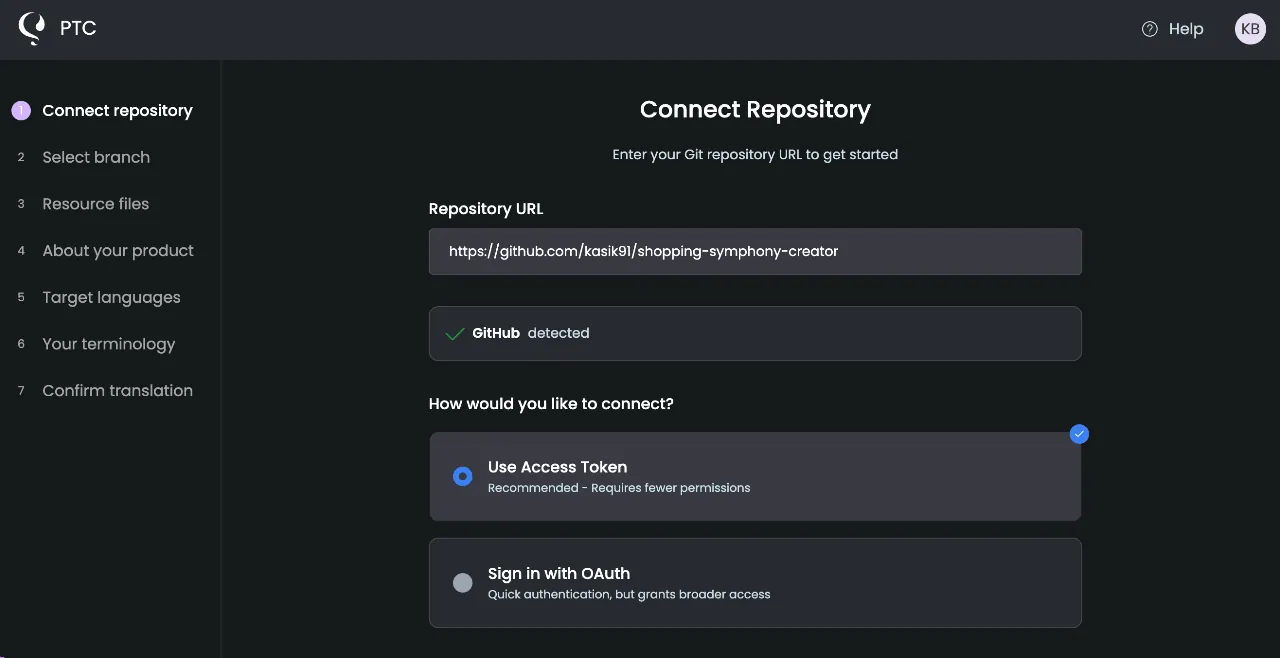 Verbindung von PTC mit GitHub