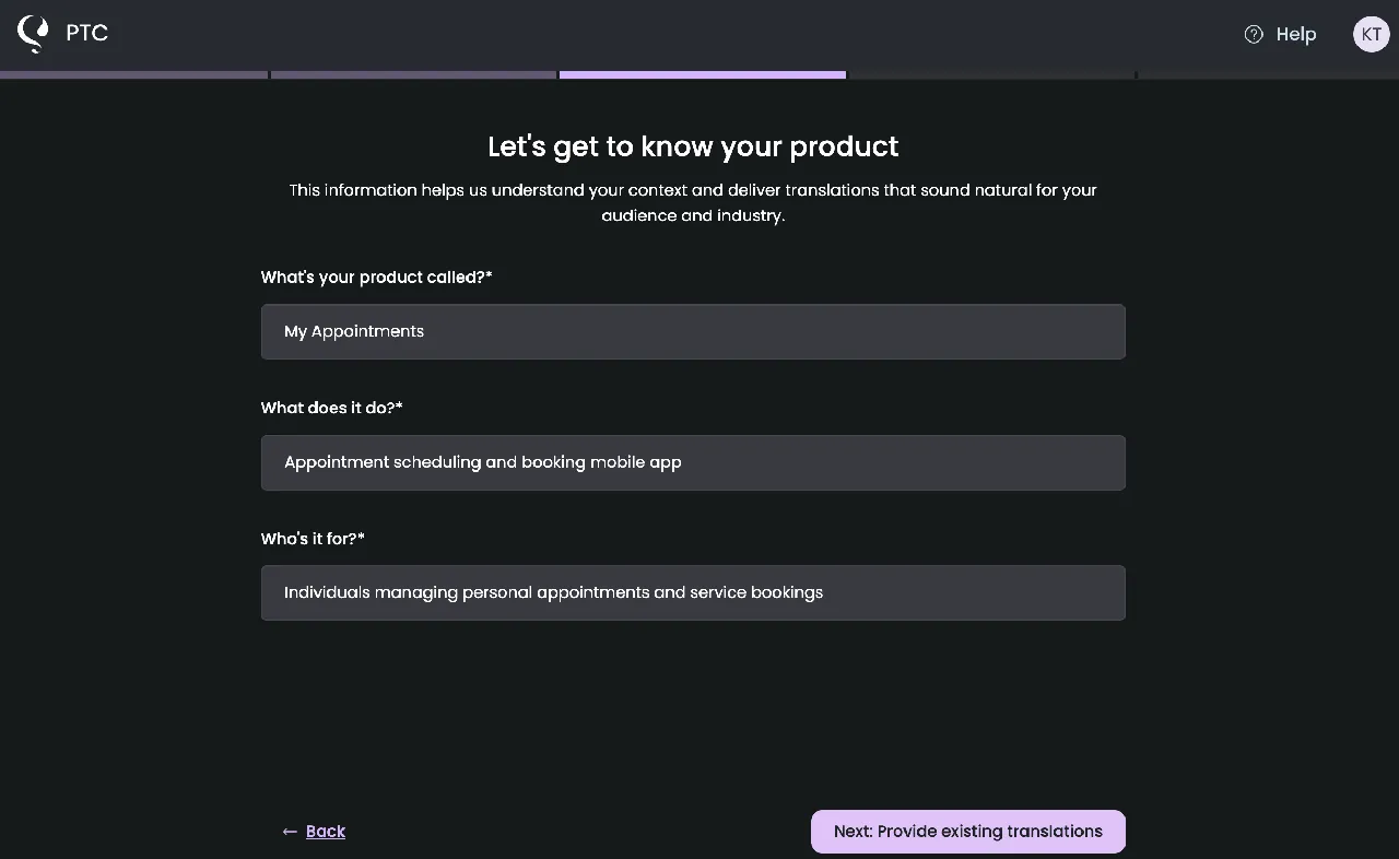 PTC setup wizard showing the auto-generated product name, description, and audience fields ready for review