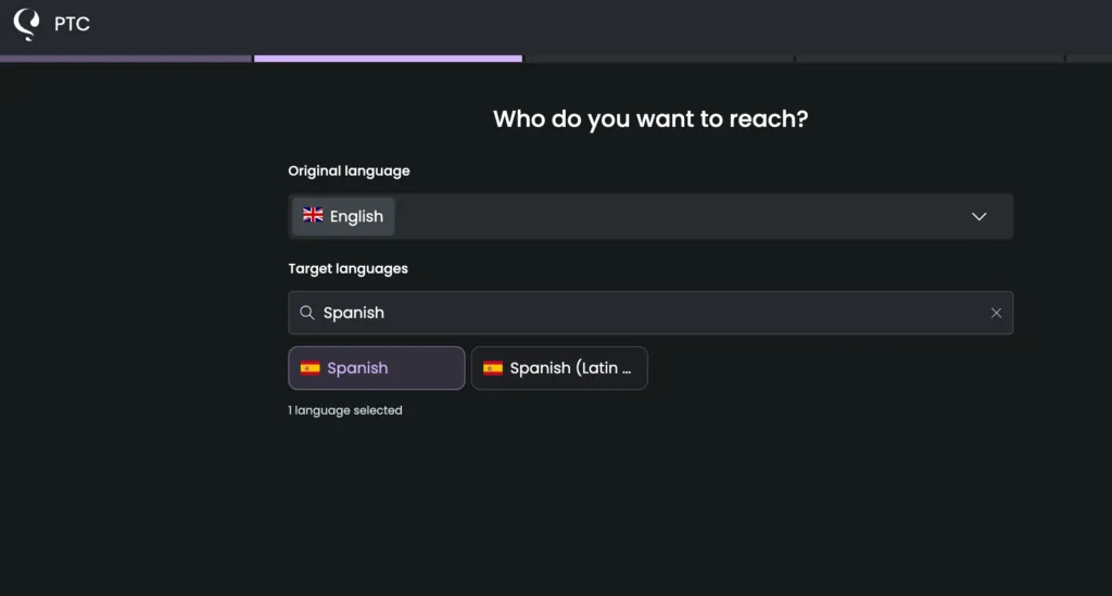 PTC setup wizard language screen showing the original language set to English and Spanish and Spanish (Latin America) selected as target languages