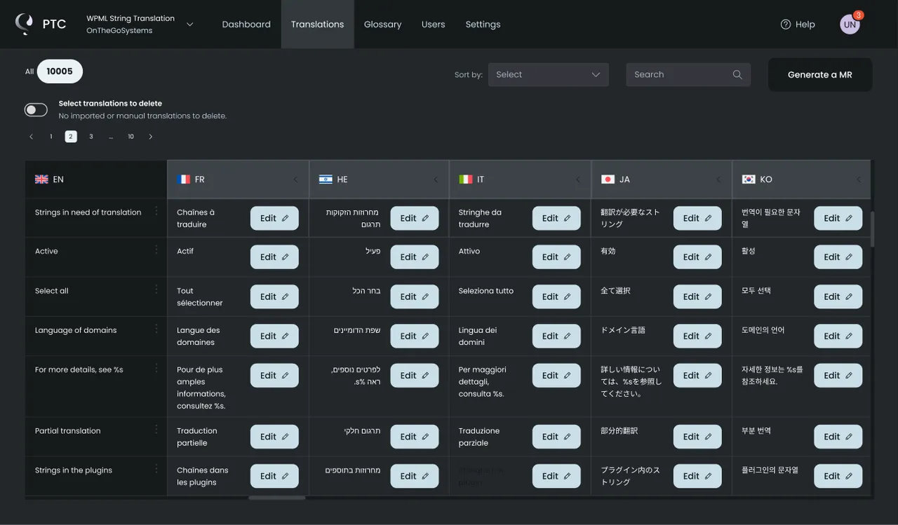 PTC Translations tab