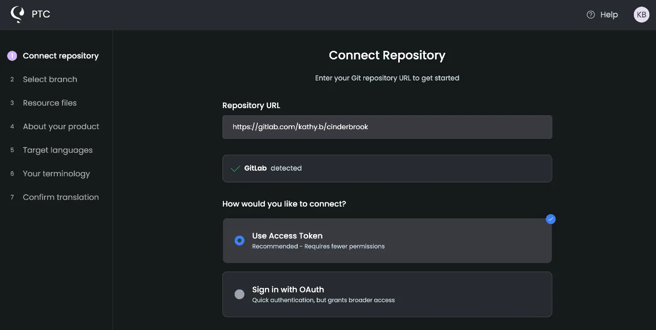 Eingeben der URL für das Projekt im GitLab-Repository