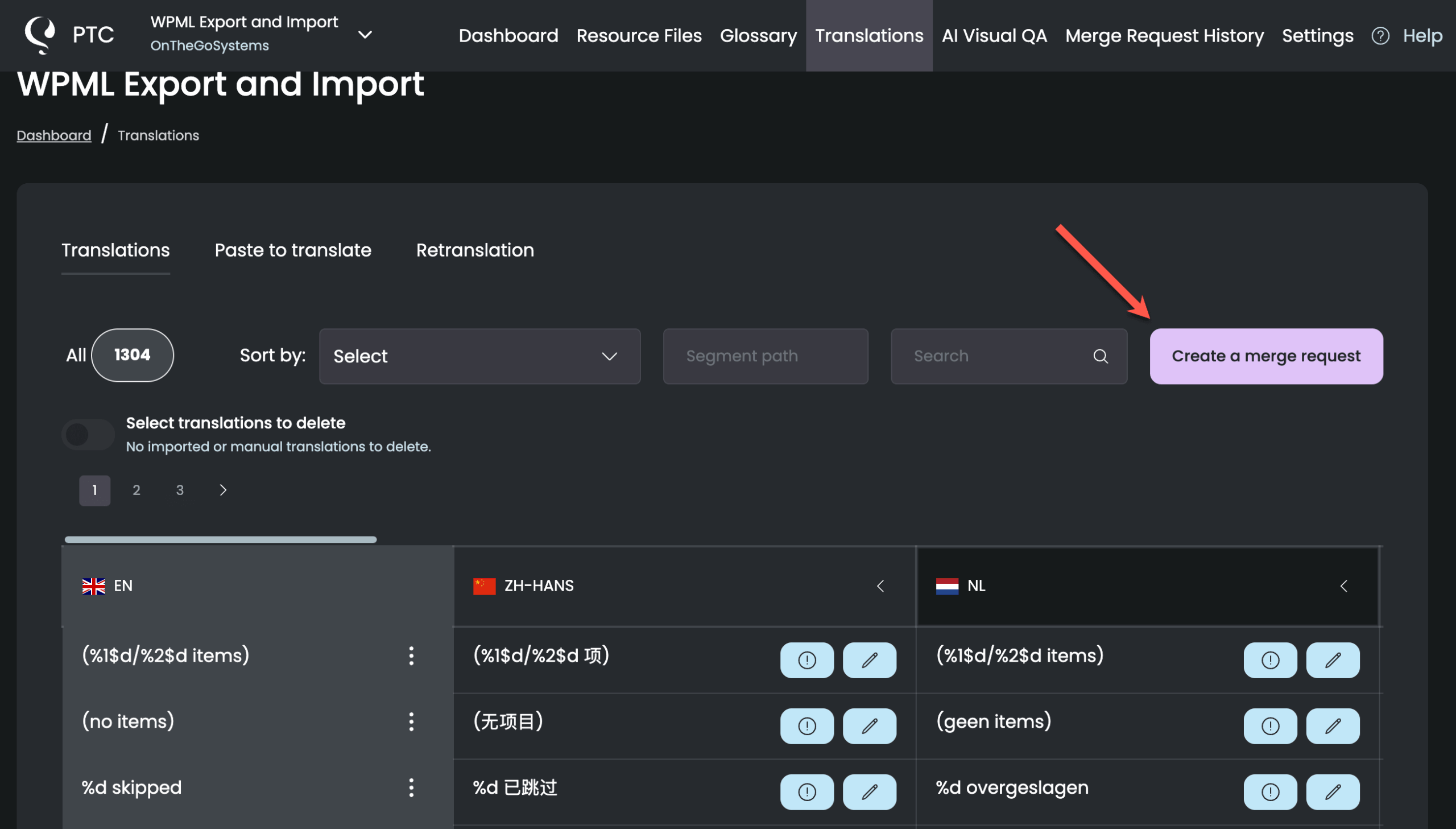 Creating a merge request in PTC
