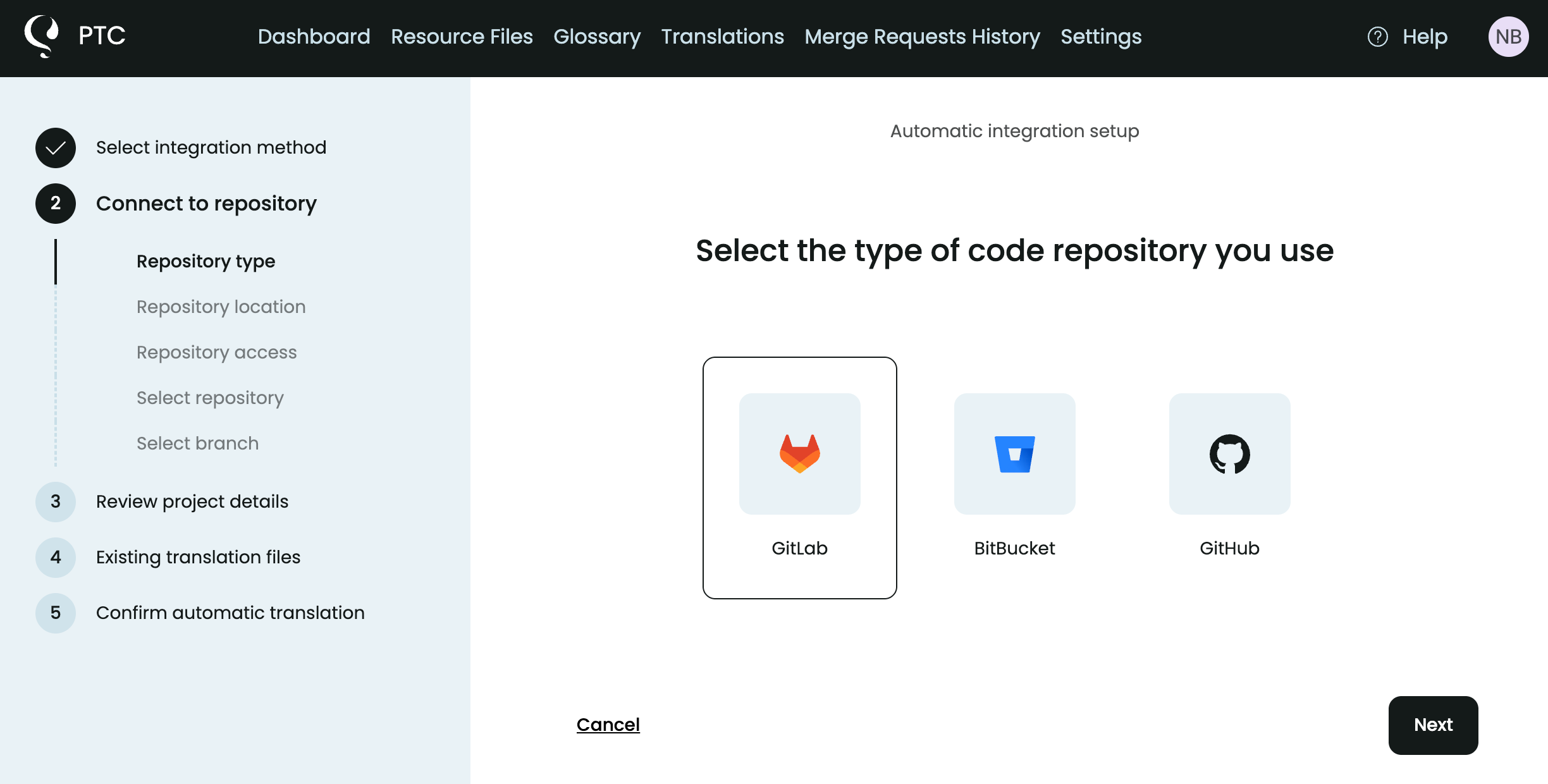 selecting gitlab integration at PTC project setup