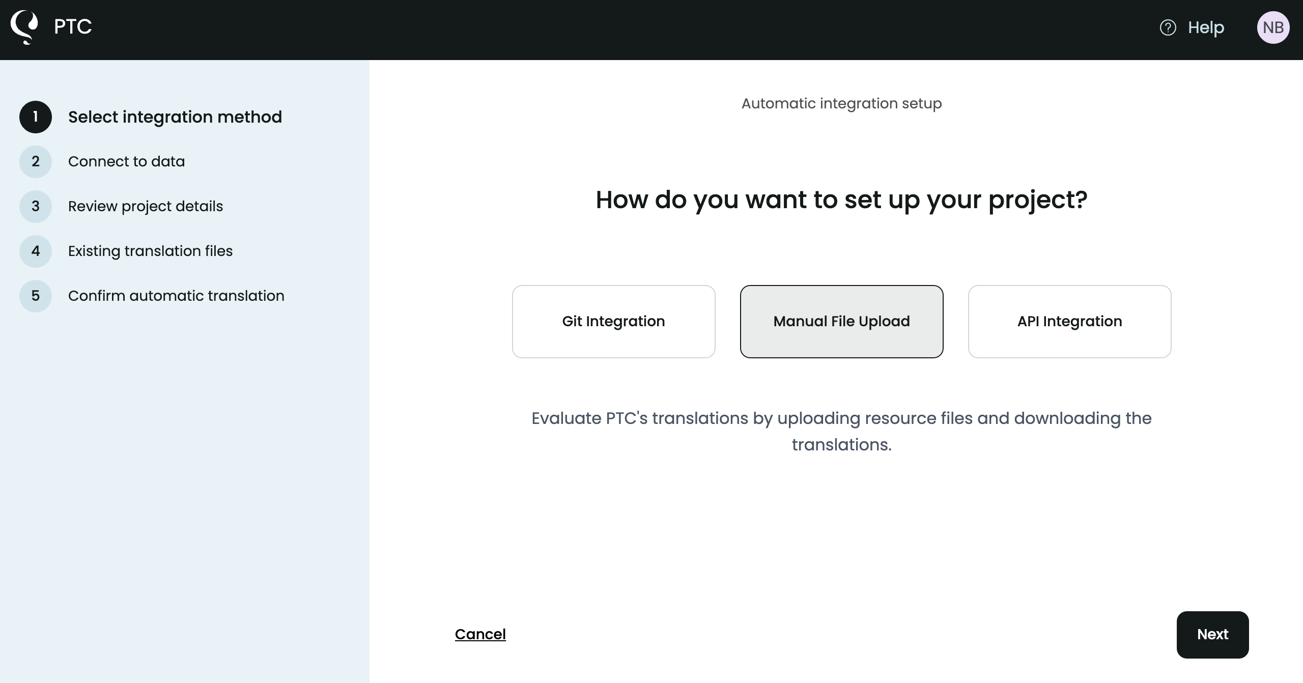 the screen at PTC setup where you select manual upload