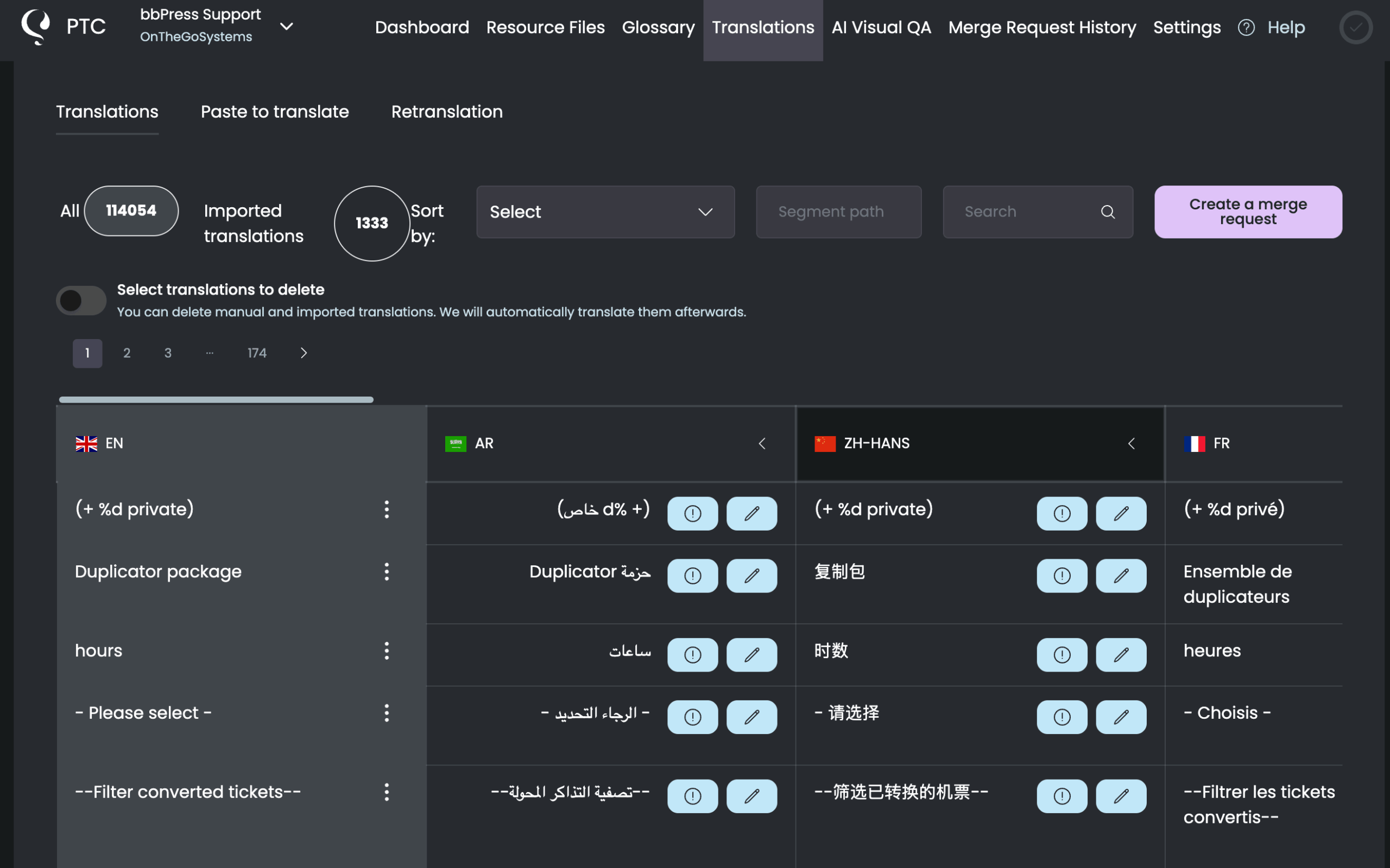 PTC Translations tab