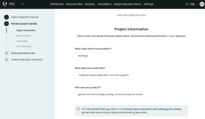 the screen at PTC project setup showing fields for product and project information