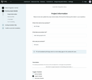 a screen at PTC setup where you can give information on your site and audience