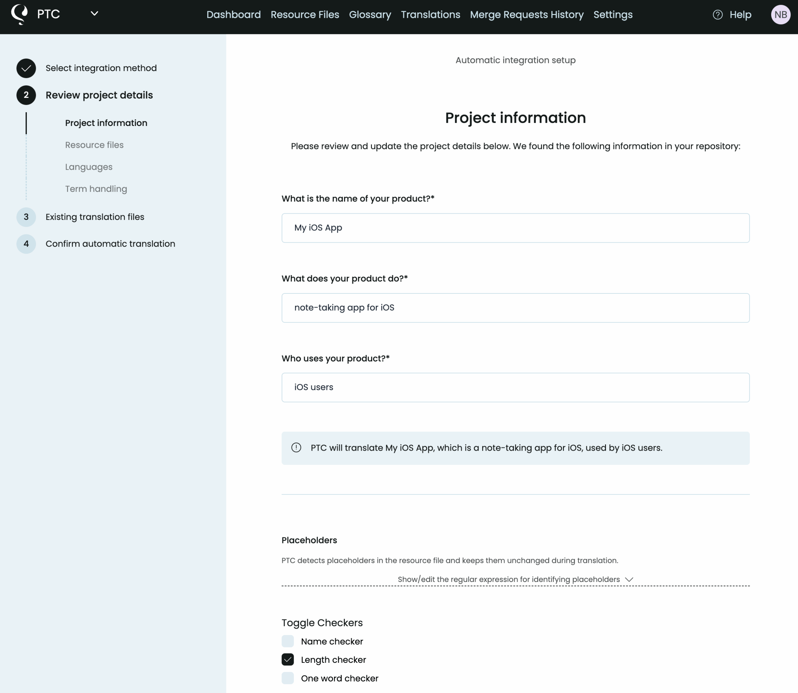 a screen at PTC setup where you can give information on your site and audience