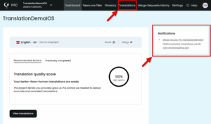 finding merge request and translations on the ptc dashboard