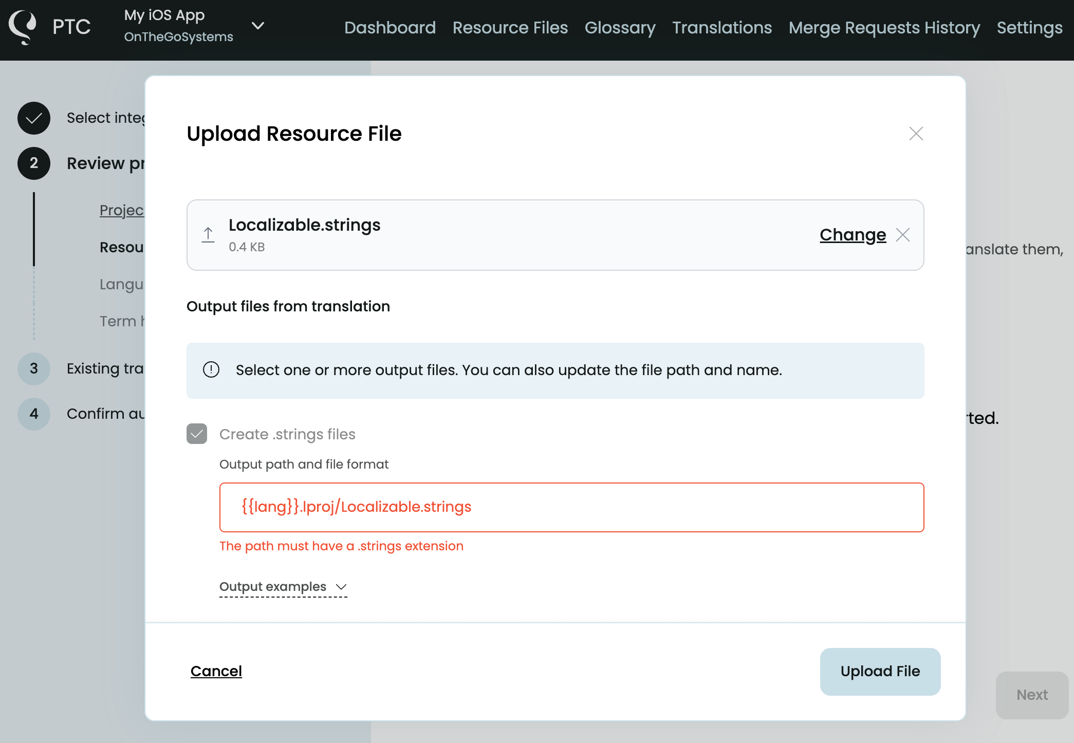 a step in PTC where you upload your file and set the output path