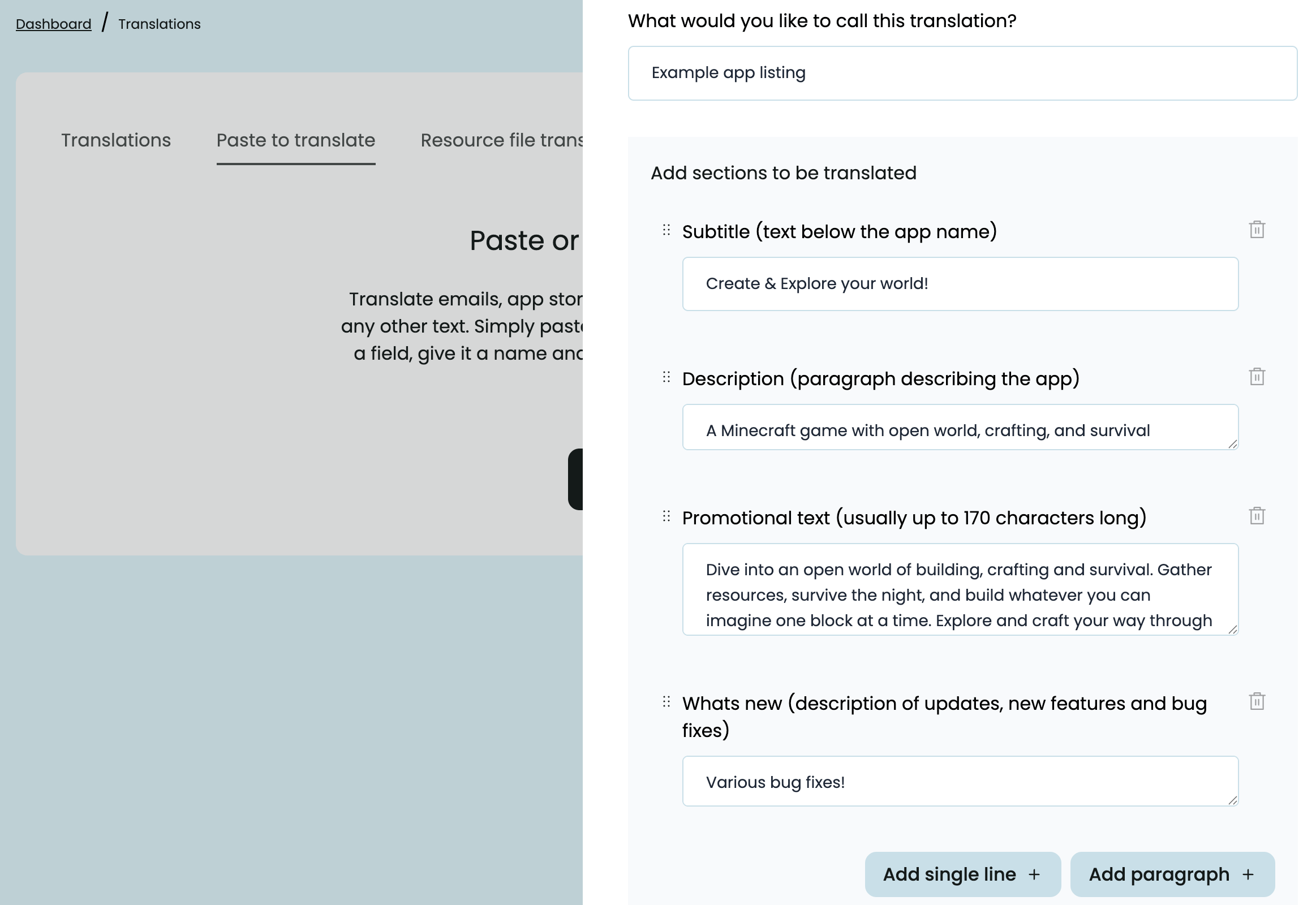a tool in PTC for translating your app's additional content like app store listing