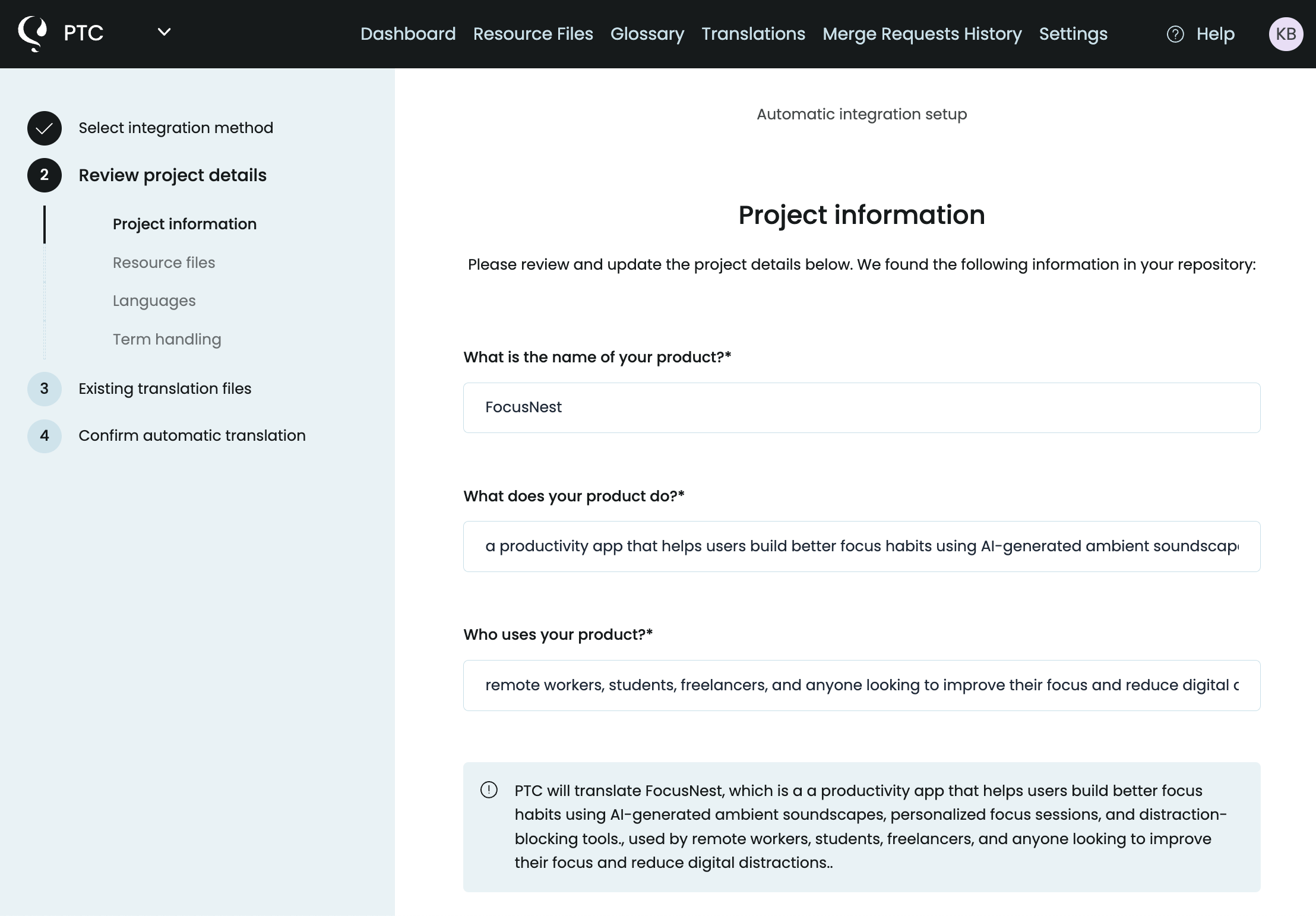 Providing PTC with project context