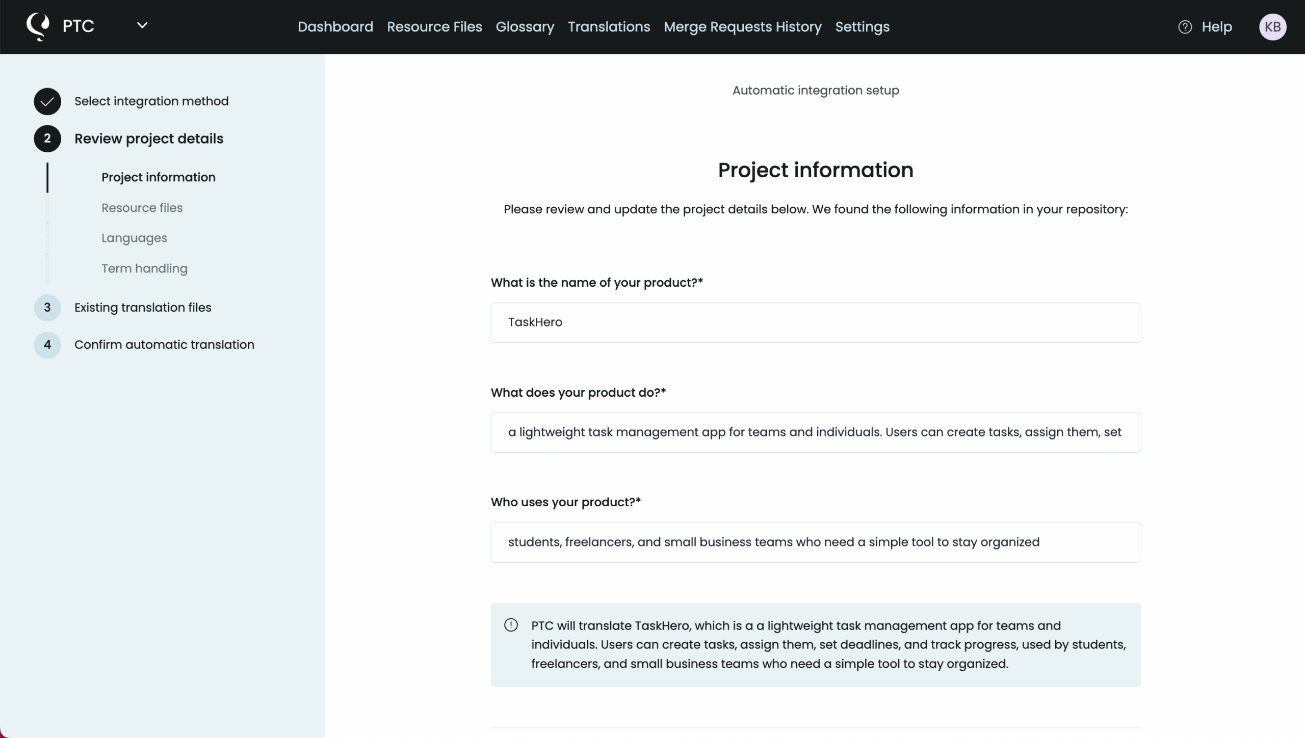 Giving PTC project context