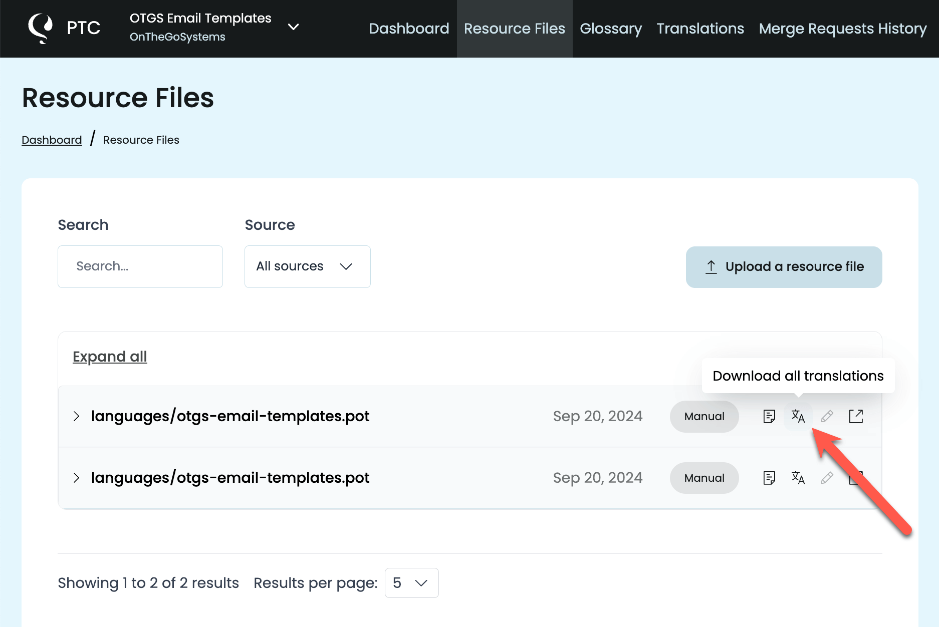 Downloading translations in PTC