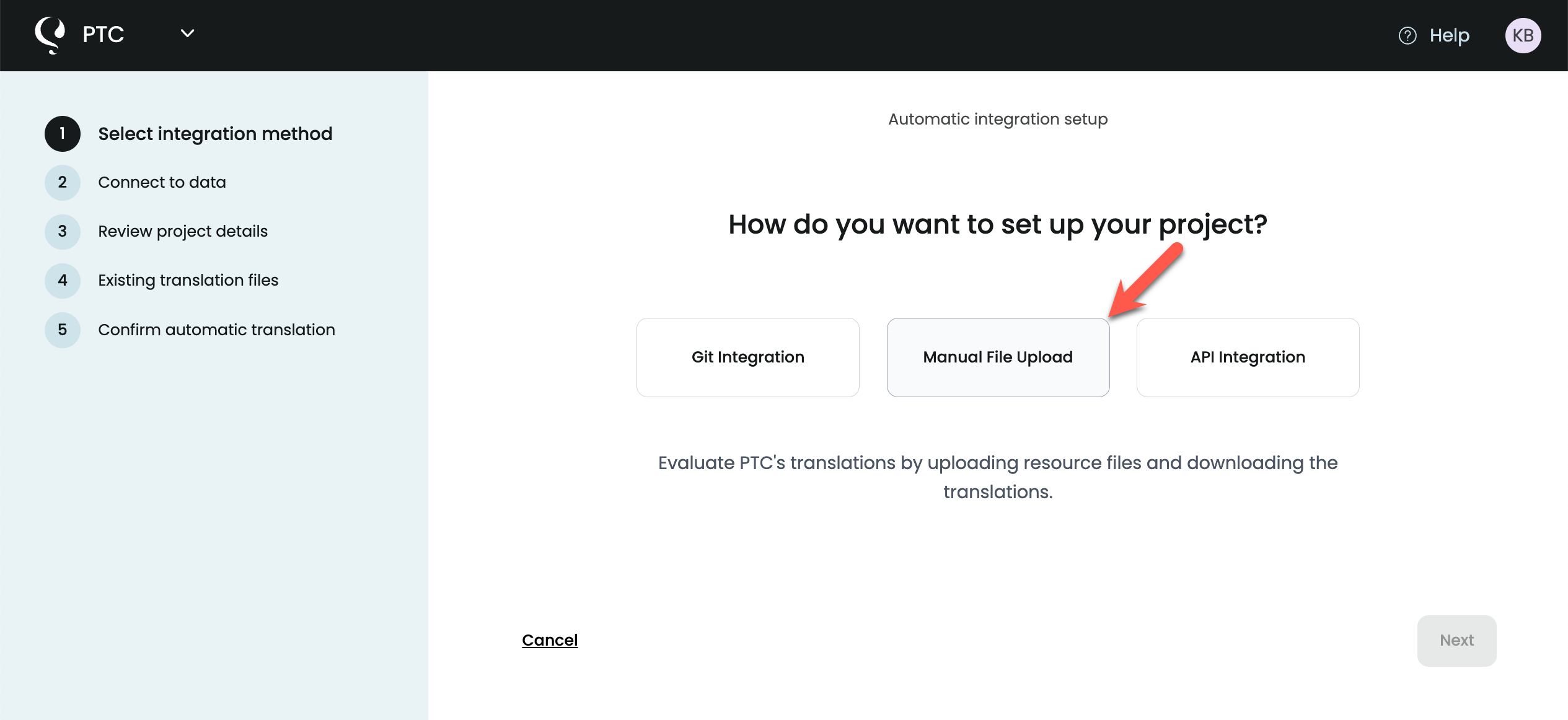 Selecting the Manual File Upload option