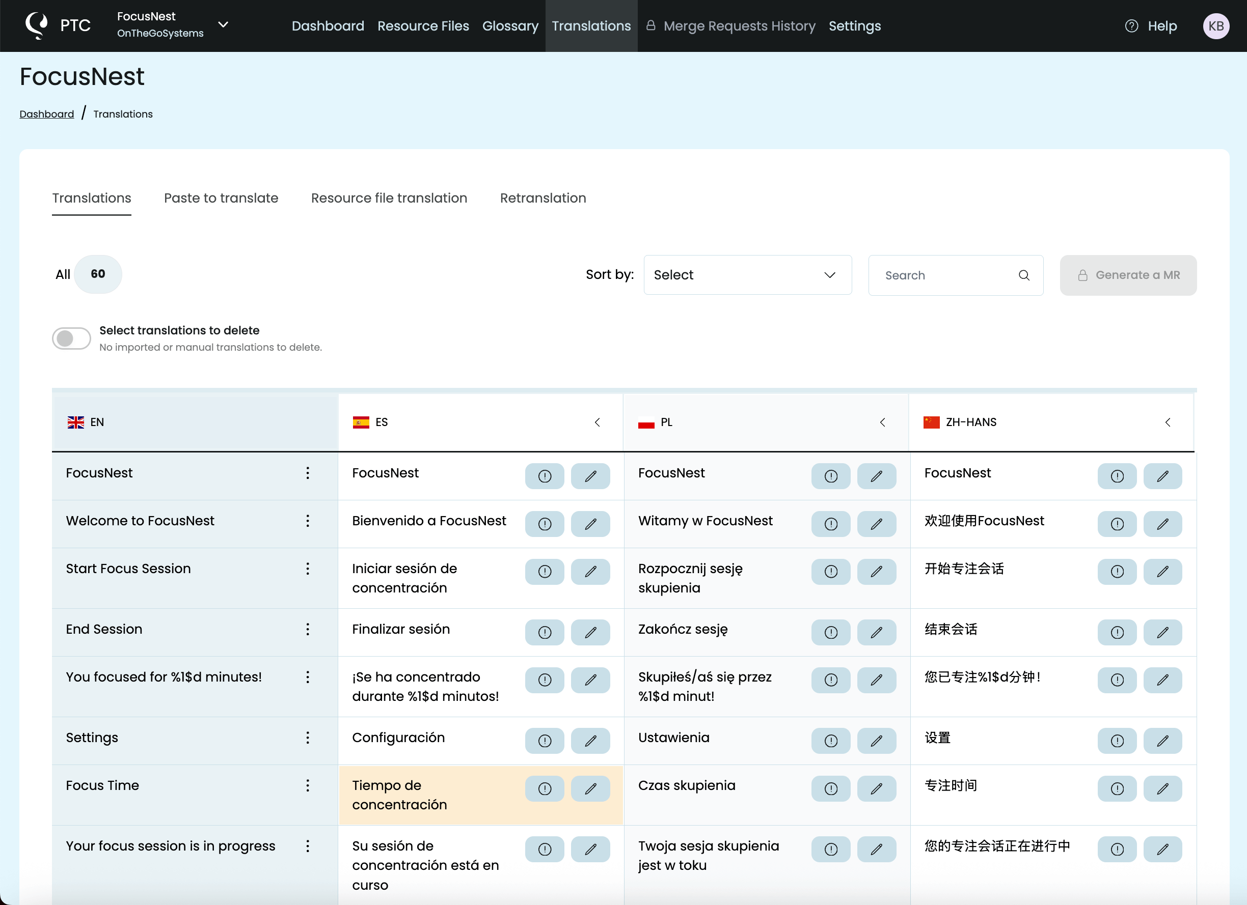 Viewing translations in the Translations tab