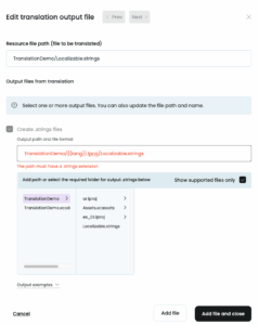 ptc screen where user defines output path for translations