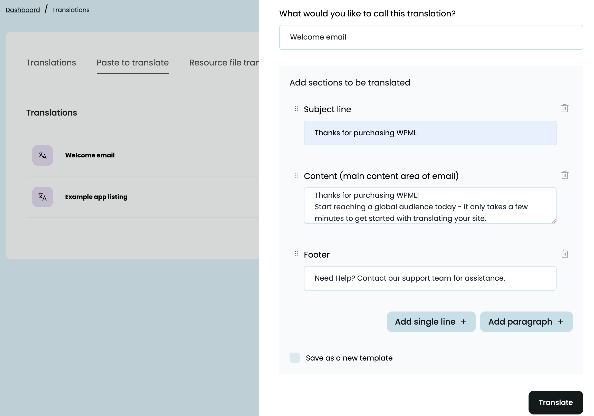 showing the option to translate email content in ptc