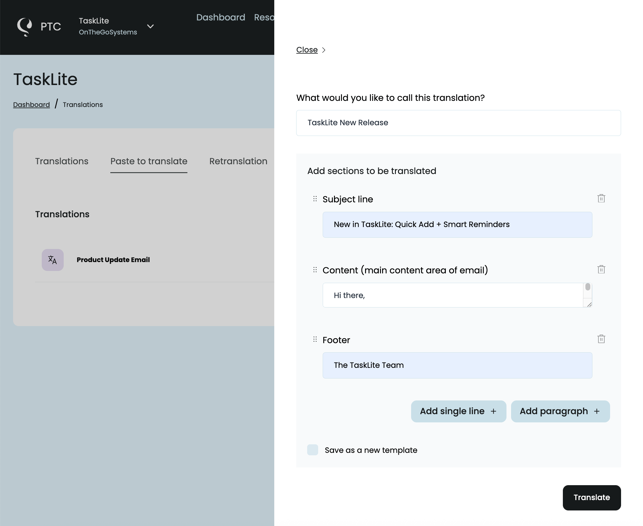 Using PTC's Paste to translate feature
