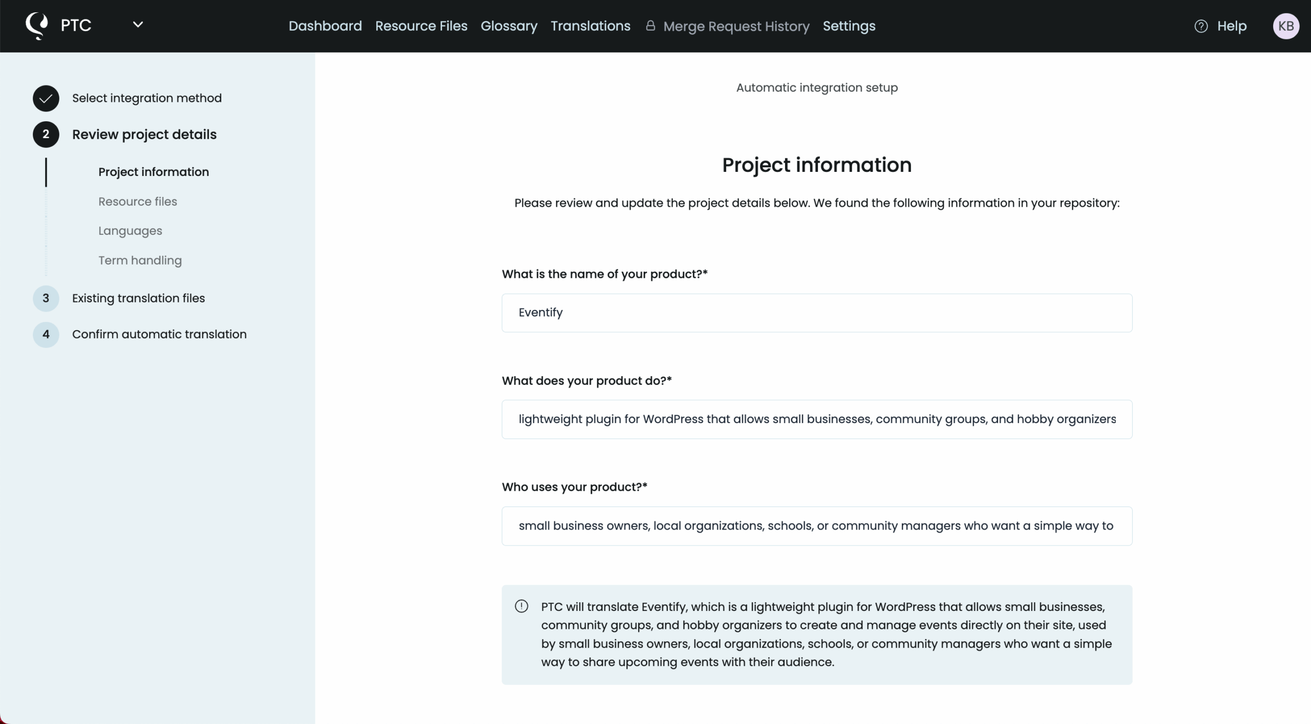 Adding product information in PTC