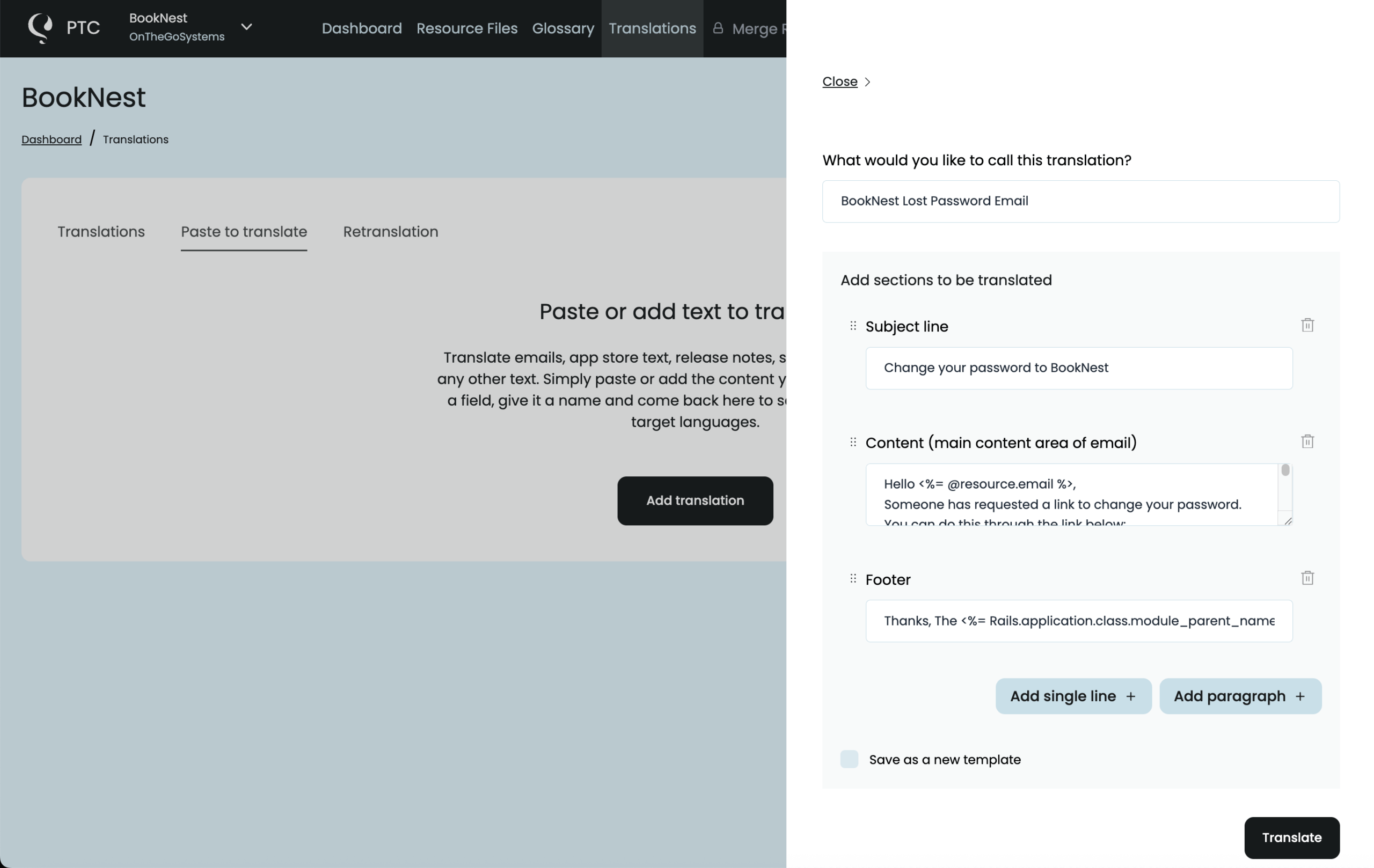 Using the Paste to translate feature in PTC