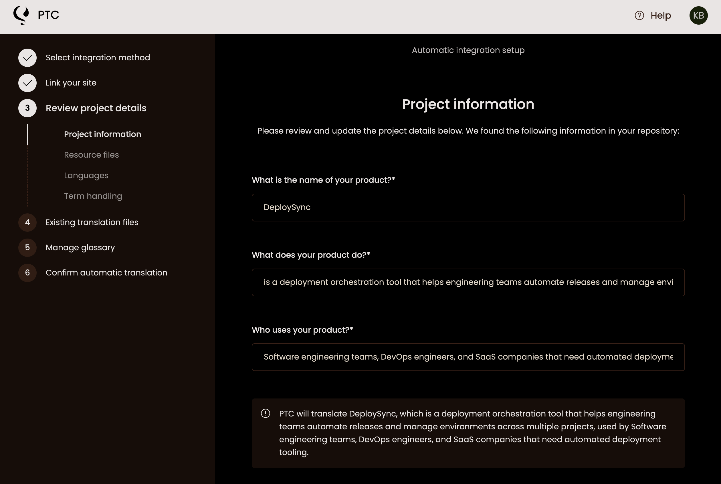 Adding project information in the setup wizard