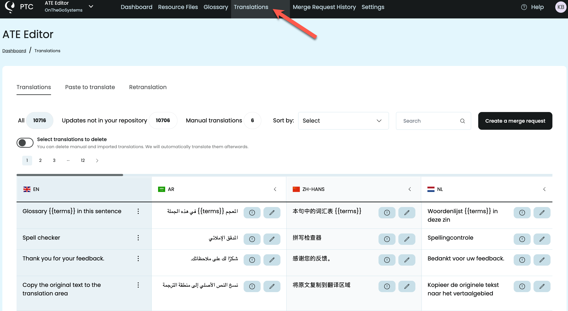 PTC Translations tab