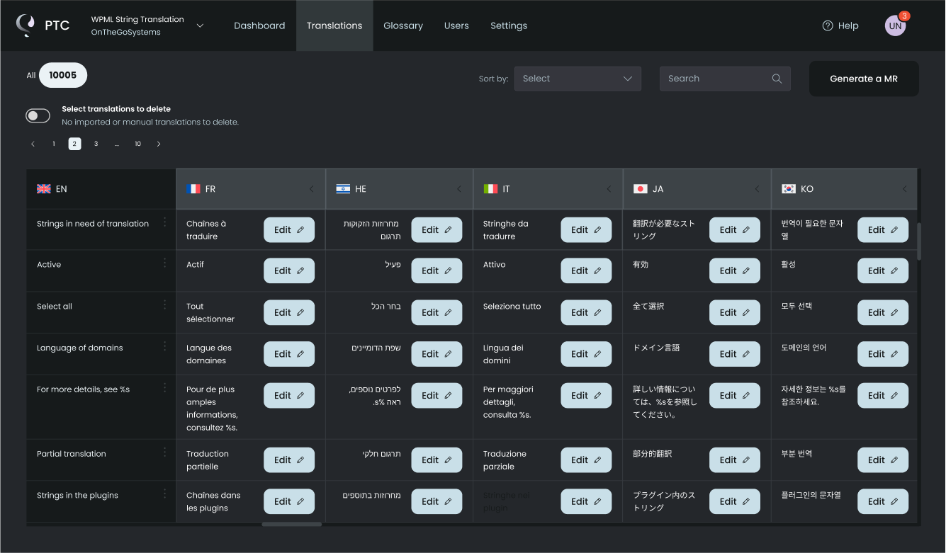 PTC Translations tab