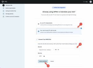 Linking a WPML site to a project in PTC's setup wizard
