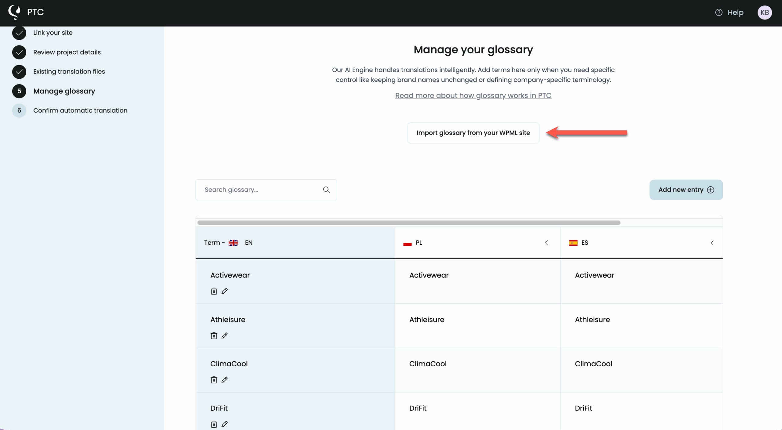Importing a WPML glossary to PTC
