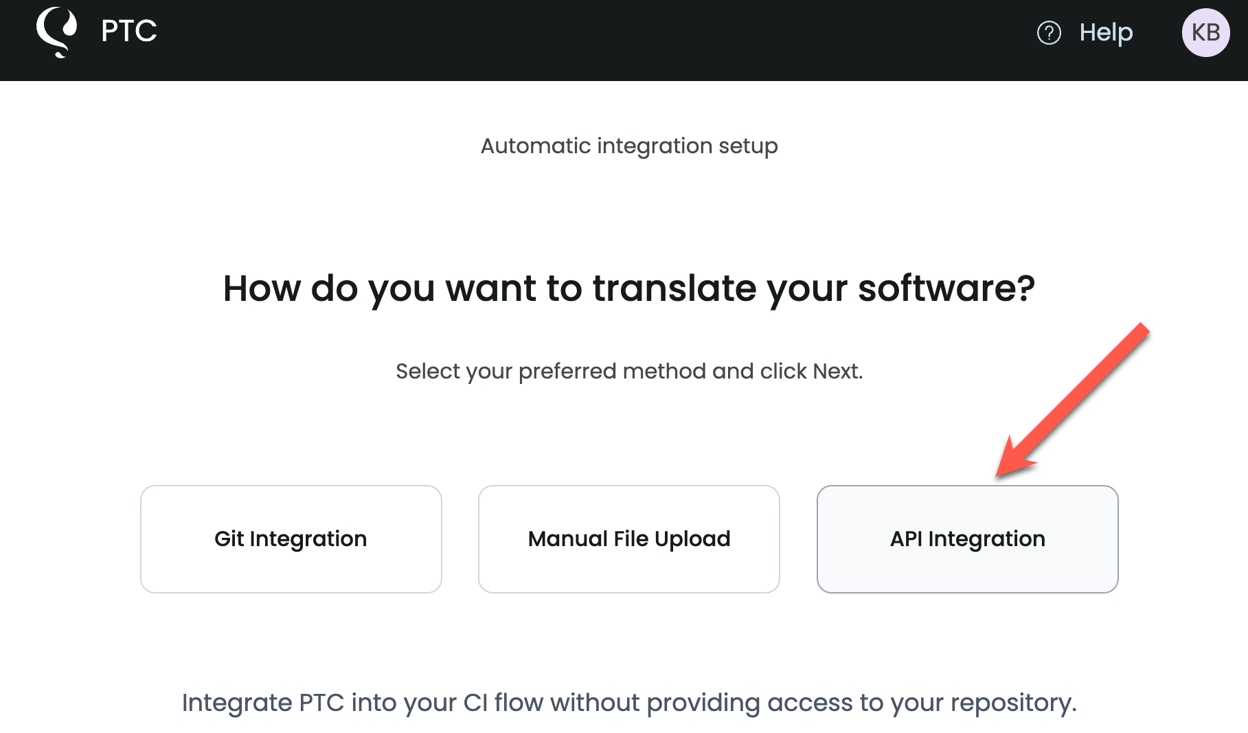 Choosing API integration in PTC setup