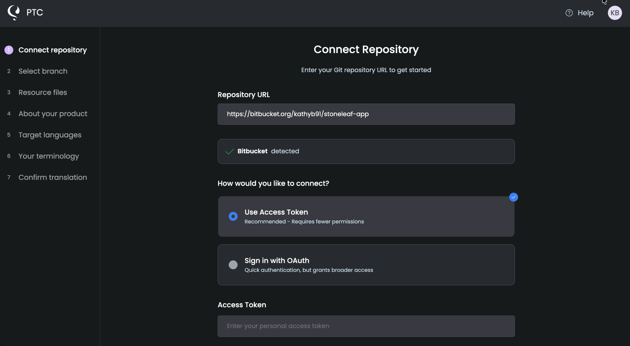 Adding the URL to the project in Bitbucket