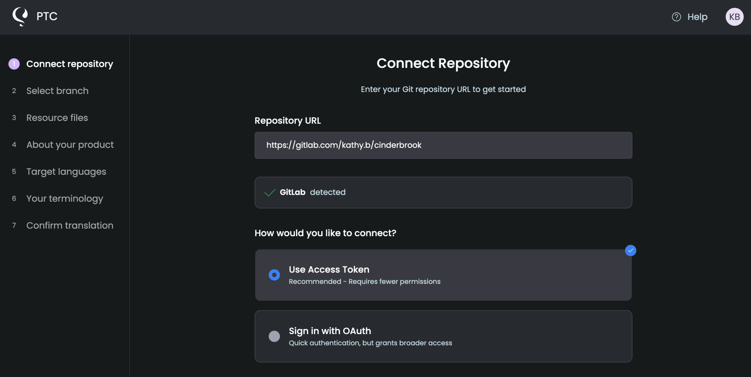 Entering the url for the project in the GitLab repository