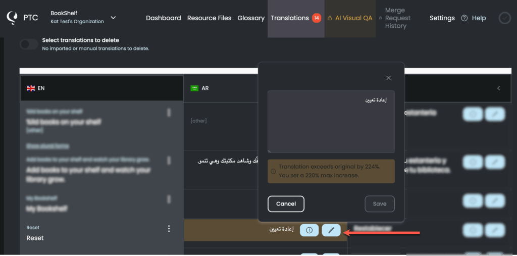 Traducciones largas marcadas en PTC