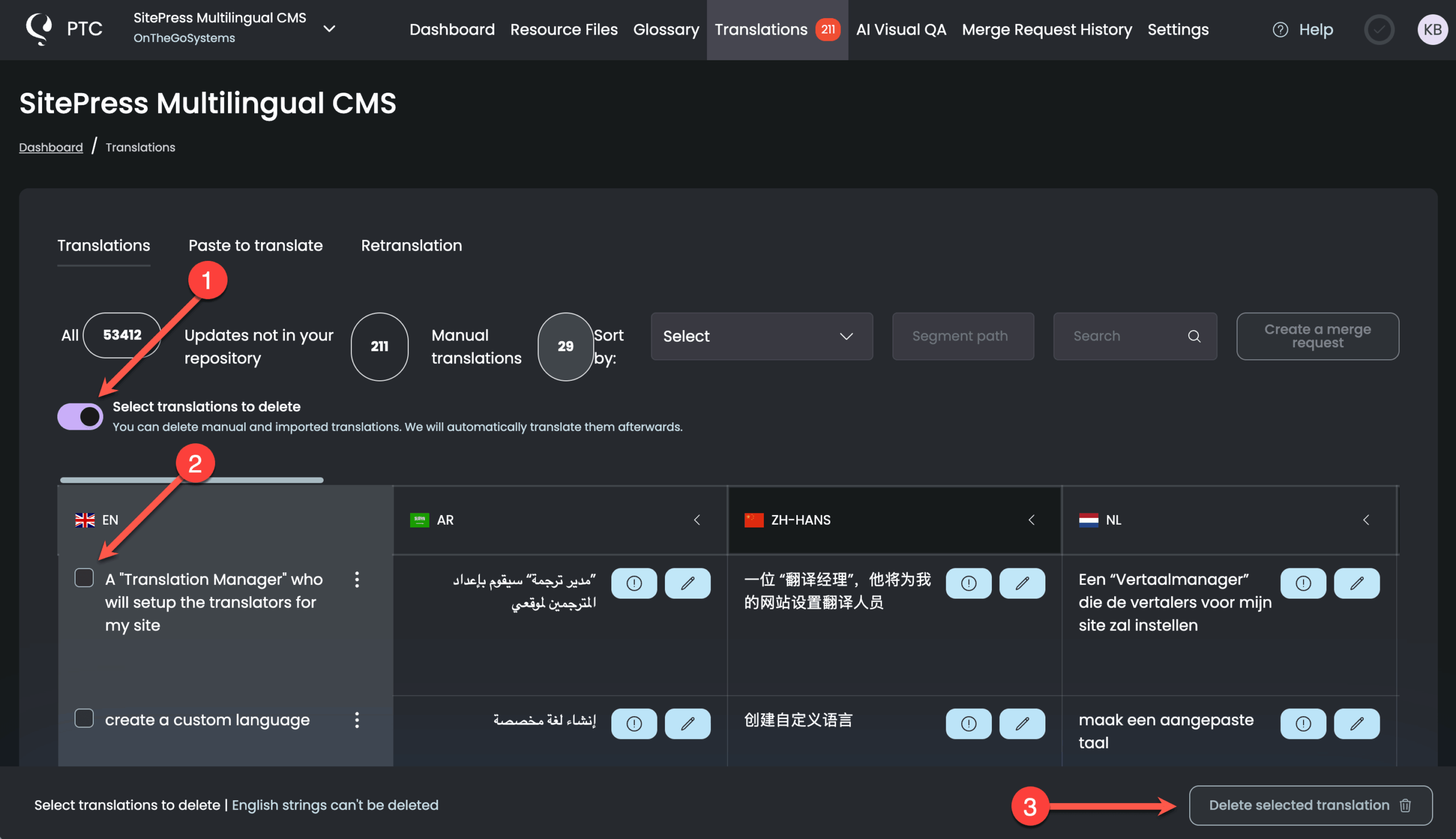 Deleting translations in PTC