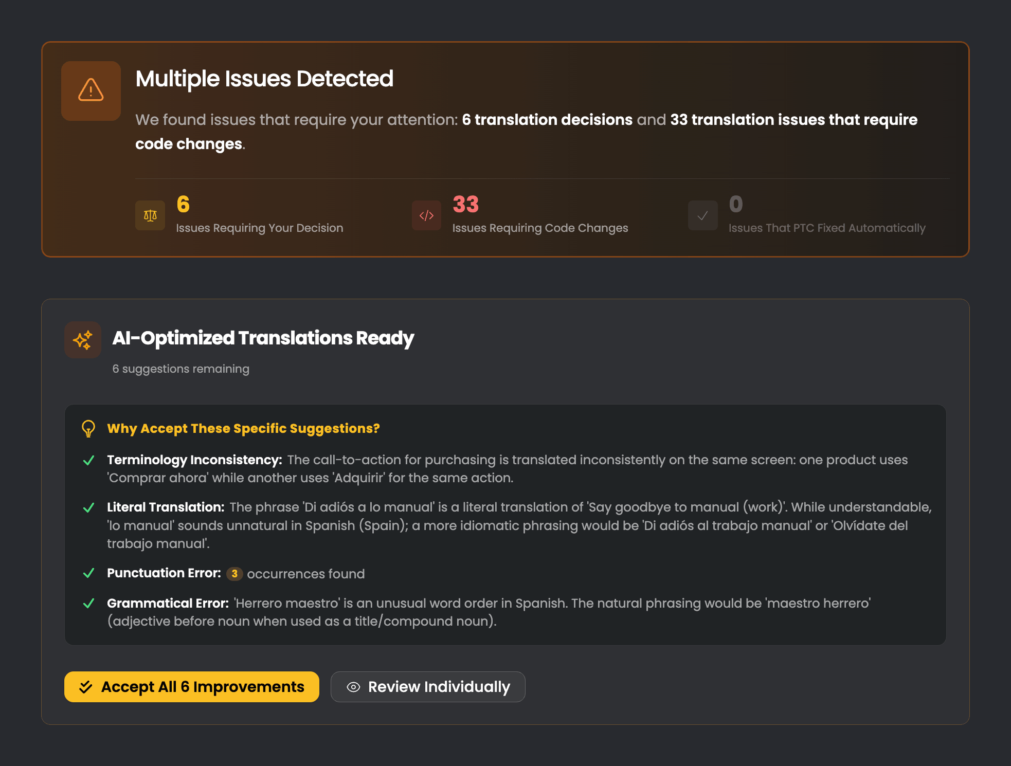 ptc-visual-qa-tab-detected-issue-summary Summary of detected issues in the PTC Visual QA tab.